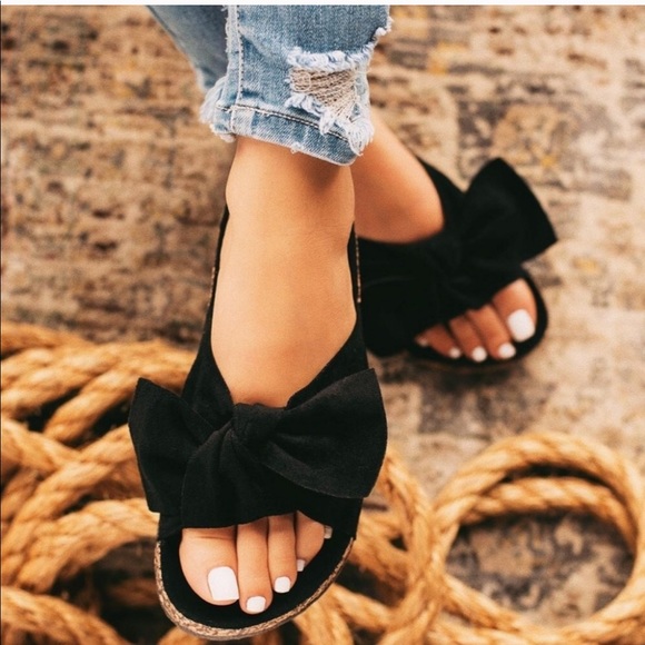 Fashion Addict Shoes | Maria Black Bow Cork Slides Sandals | Poshmark
